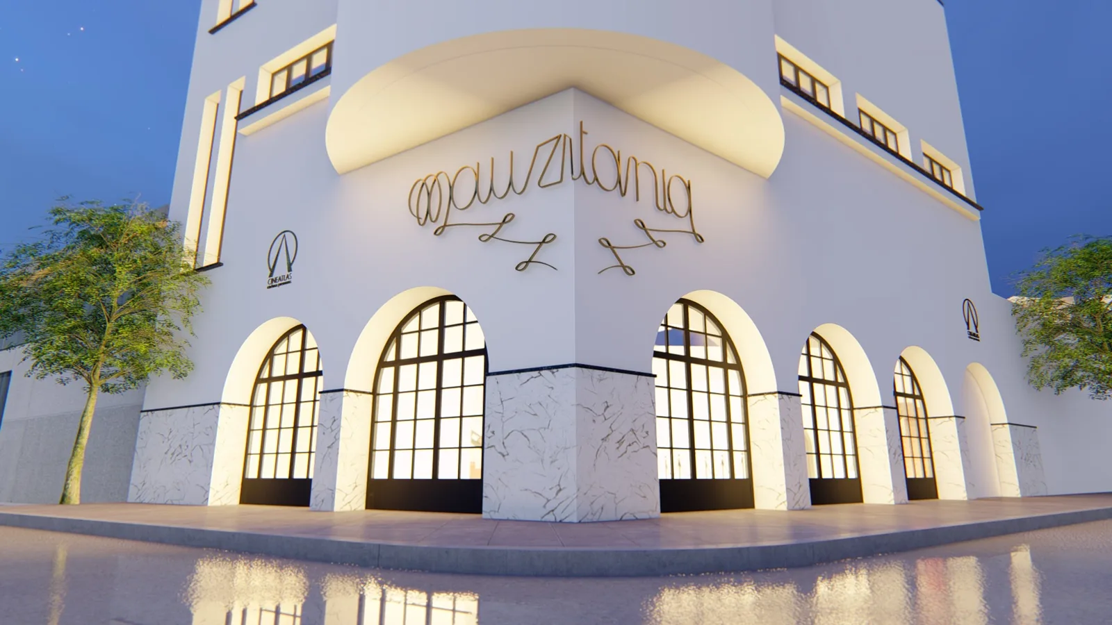 Cinéma Mauritania, façade restaurée de nuit, perspective